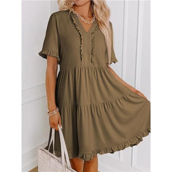 Tiered Notched Short Sleeve Mini Dress - Picture 14 of 16